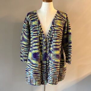 Multicolor HAND KNIT open front chunky cardigan 3/4 sleeve grandma vibe Med